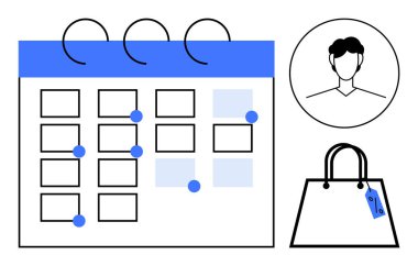 Mavi noktalı takvim ızgarası tarih, profil silueti ve fiyat etiketli alışveriş çantası. Zaman yönetimi, programlama, kişisel planlama, perakende stratejisi, pazarlama ve tüketici için ideal