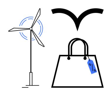 Rüzgar türbini, stilize edilmiş kuş ve sürdürülebilir uygulamaları vurgulayan etiketli alışveriş torbası. Çevre dostu girişimler, yenilenebilir enerji, yeşil alışveriş, bilinçli tüketim ve çevre için ideal