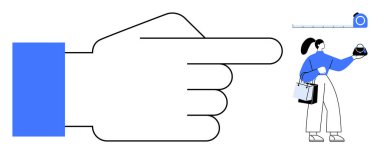 Çizgi filmdeki el, elinde çanta ve cüzdan olan bir kadını işaret ediyor. E-ticaret, perakende, navigasyon, yön gösterme, tüketici davranışı, altını çizmek için ideal. Siyah beyaz ve mavi