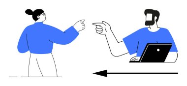 Dizüstü bilgisayarda çalışan bir erkek, aynı zamanda etkileşim ve işbirliğini temsil eden bir kadını işaret eder. Takım çalışması, iletişim, işyeri dinamikleri, işbirliği, sanal toplantılar için ideal