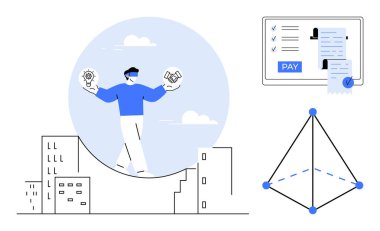 Girişimci binalar arasında ampul ve tokalaşmayı dengeliyor, ödeme makbuzu ve yakınlarda 3D grafik bulunuyor. Girişimcilik, yenilik, ortaklık, iş dengesi, finans, veri