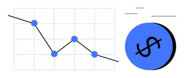 Düşen eğilimli mavi çizgi grafiği ve stilize edilmiş dolar simgesinin yanında beş veri noktası. Mali analiz, ekonomik eğilimler, borsa değerlendirmeleri, iş performansı ve gelir düşüşü için ideal