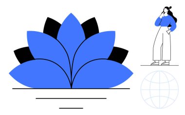 Düşünceli bir kadın, büyük mavi bir nilüfer çiçeğinin yanında duruyor ve yüzüne dokunuyor. Meditasyon, tefekkür, doğa, denge, tasarım, kişisel büyüme küresel uyum için idealdir. Soyut çizgi