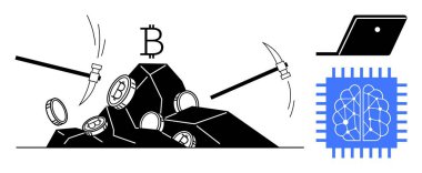 Taşlardan, laptoptan ve yapay zekadan Bitcoin çıkaran kazmalar madenciliği ve teknolojik gelişmeleri sembolize ediyor. Kripto para birimi, engelleme zinciri, madencilik, teknoloji, veri analizi, yapay zeka dijital