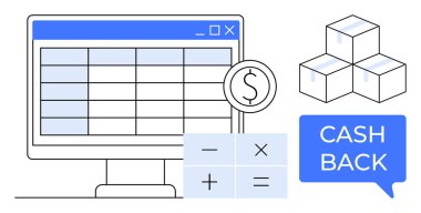 Hesap tablosu, dolar işareti, hesap makinesi, istiflenmiş kutular ve Cash Back baloncuğu olan bilgisayar ekranı. Finans, bütçe, e-ticaret perakende tedarik zinciri yatırım muhasebesi için idealdir. Basit.