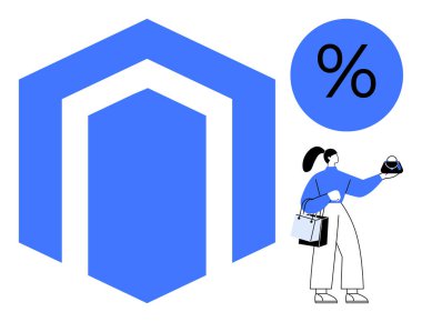 Elinde birden fazla alışveriş torbası, büyük bir yüzdelik sembol ve geometrik bir şekil var. Perakende, satış, e-ticaret, promosyonlar, müşteri ödülleri, finansal tasarruf pazarı için ideal