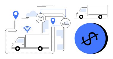 GPS işaretli kargo kamyonları, kablosuz semboller, ve mavi dairenin üzerinde dolar işareti, lojistik, navigasyon ve bağlantıyı temsil ediyor. Filo yönetimi, e-ticaret, maliyet kontrolü teslimatı için ideal