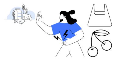 Kadın yiyecekleri ve plastikleri reddediyor, midesi ağrıyormuş, balık, süt ürünü, buğday ve vişne yakınlarında. Sağlık, alerji farkındalığı, eko-bilinç sürdürülebilir canlı organik gıdalar için idealdir.