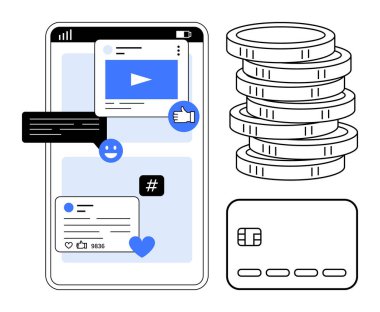 Bildirimli mobil cihaz, sosyal medya etkileşimleri, bozuk para yığını ve kredi kartı. Çevrimiçi ödemeler için ideal, dijital pazarlama, sosyal medya yönetimi, e-ticaret, fintech smartphone
