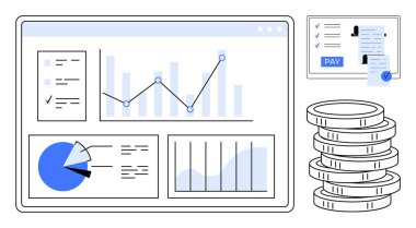 Finansal gösterge paneli çizgi grafiği, pasta grafiği ve bar grafikleri. Sertifikada maaş ve bir yığın madeni para belirtilmiş. Finansal analiz ve iş zekası için ideal.