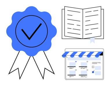 Onayı simgeleyen sertifika kartı, bilgiyi veya kılavuz ilkeleri gösteren açık bir kitap ve bir mağaza önü afişi altında çevrimiçi inceleme listesi. Eğitim, doğrulama ve kalite güvencesi için ideal