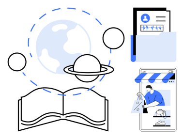 Açık bir kitap, Dünya, yörüngedeki gezegenler, klasördeki belgeler, online alışveriş. Eğitim, e-öğrenim, küresel bağlantı, belge yönetimi e-ticaret çevrimiçi dijital kayıtlar için ideal