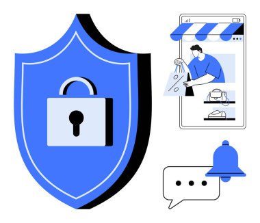 Kilitli bir kalkan, akıllı telefon alış veriş, dükkan sahibi, balon sohbeti, çan bildirimi. Siber güvenlik, e-ticaret, çevrimiçi güvenlik, veri koruma işlemleri için ideal