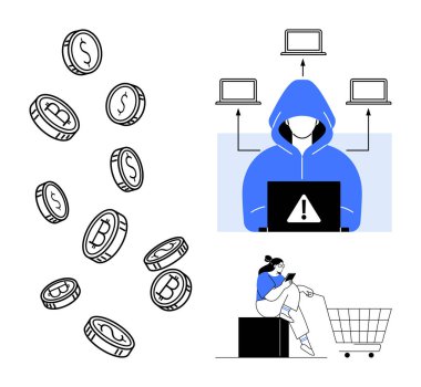 Kapüşonlu bilgisayar hackleme, para birimi sembollü bozuk paralar, el arabasıyla online alışveriş yapan insanlar. Siber güvenlik için ideal, çevrimiçi alışveriş riskleri, dijital güvenlik, kripto para birimi, veri ihlali