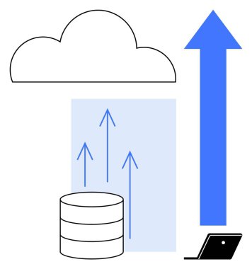 Bulut, yukarı doğru büyük ok, veri depolama silindiri, oklar, dizüstü bilgisayar. Bulut bilgisayarı, veri transferi, büyüme teknolojisi dijital depolama bilişim hizmetleri için ideal. Basit tasarım vurguları