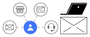 Depolama, web sayfası, e-posta, kulaklık simgelerine bağlanan merkezi kullanıcı figürü. Laptop ve zarf yakınlarda. Ağ oluşturma, müşteri hizmetleri, dijital iletişim, e-ticaret kullanıcı etkileşimi için ideal