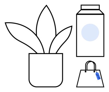 Süt kutusunun yanına bir saksı ve üzerinde satış etiketi olan bir alışveriş torbası koy. Doğa için ideal, ev dekorasyonu, sürdürülebilirlik, alışveriş, yaşam tarzı, modern yaşam, minimalizm. Basit soyut çizgi düz
