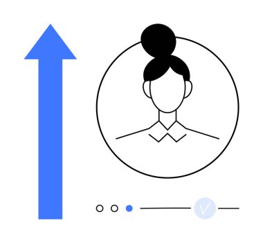 Female portrait inside circle, upward blue arrow, progress indicators, checkmark. Ideal for career advancement, employee evaluation, personal development, performance tracking, online profiles goal clipart