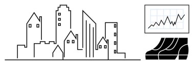 Çeşitli gökdelenleri olan şehir manzarası, yükselen eğilimleri gösteren bir grafik ve yürüyen merdivenler. Kentsel kalkınma, iş büyümesi, mimari, ilerleme, mali başarı, modernizasyon ve daha fazlası için ideal