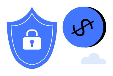 Mavi kalkanda kilit var. Güvenliği gösteriyor. Bozuk paraya ve buluta bitişik. Finans, siber güvenlik, tasarruflar, çevrimiçi koruma, veri güvenliği, risk yönetimi ve mahremiyet için ideal