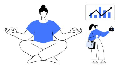 Nilüfer pozisyonunda meditasyon yapan biri, büyüme gösteren bir grafiğin yanında ve elinde torba tutan bir müşteri. İş hayatı dengesi, farkındalık, üretkenlik, iş başarısı, mali büyüme, tüketici için ideal