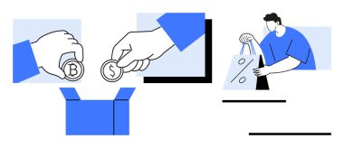 Şifreli para ve bozuk paraları bir kutuya koyan eller indirimli işaretli alışveriş torbaları taşıyan bir adam. Finans, e-ticaret, tasarruf, yatırım, kripto para birimi, alışveriş, pazarlama için ideal
