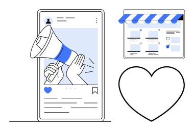 Sosyal medya paylaşımında megafon duyurusu, tente altında ürünlerin olduğu e-ticaret web sayfası, büyük kalp. Dijital pazarlama, reklam, çevrimiçi alışveriş, sosyal ilişki, promosyonlar, marka için ideal