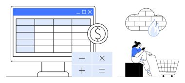 Hesap tablosu, para birimi işareti, hesap makinesi simgeleri olan masaüstü bilgisayarı. Cep telefonuyla internetten alışveriş yapan biri. Finans yönetimi, bütçe, e-ticaret, bulut hizmetleri, dijital