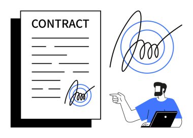 İmzalı büyük sözleşme belgesi, büyütülmüş imza illüstrasyonu, dizüstü bilgisayar kullanırken işaret eden kişi. Yasal anlaşmalar, iş anlaşmaları, belgeler, sözleşmeler, doğrulama için ideal