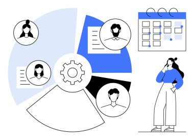 Pasta grafiğinin tam ortasında, dört profil ikonu, takvim ve düşünen kadın. Takım çalışması, proje yönetimi, planlama, planlama, üretkenlik insan kaynakları organizasyonu için ideal