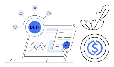 Laptop with DeFi hub, connected icons, digital contract with seal, graph, coin with leaf. Ideal for fintech, blockchain tech, financial growth, investment strategy digital currency smart contracts