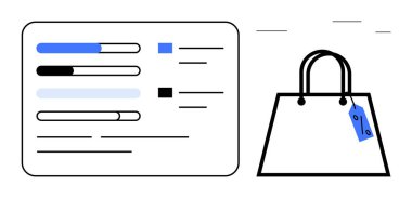 Çubuk grafikler ve ilerleme göstergeleri dijital bir torpido gözünde fiyat etiketli bir alışveriş çantasının yanında. E-ticaret, perakende analizi, tüketici davranışı, satış performansı, piyasa araştırması, veri