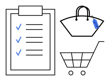 İşaretli üç görevi olan kontrol listesi, mavi etiketli bir alışveriş çantası ve bir alışveriş arabası. Perakende satış, alışveriş listeleri, organizasyon, üretkenlik, e-ticaret, görev yönetimi ve hatırlatıcılar için ideal