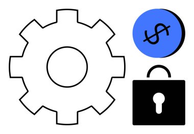 Vites, asma kilit ve işaretli dolar simgeleri güvenlik, optimizasyon ve finansal sınırlamayı temsil ediyor. Temalar için ideal teknoloji, güvenlik, ekonomi, verimlilik koruma işi