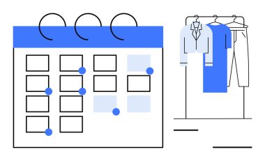 Randevularla, işaretlenmiş tarihlerle ve raflardaki kıyafetlerle dolu bir takvim. Moda programlama, kostüm planlaması, kişisel stilist, etkinlik koordinasyonu, perakende organizasyonu, moda