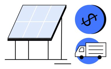 Mavi panelli güneş paneli, gölgeli paneller, yanında bir dolar işareti ve mavi daireler içinde teslimat kamyonu. Yenilenebilir enerji, sürdürülebilir ulaşım, çevre dostu yatırımlar, yeşil