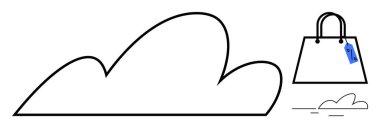 Minimalist tarzda fiyat etiketli bir el çantasının yanında büyük bir bulut ana hatları var. Perakende satış, çevrimiçi alışveriş, moda, hava durumu, minimalizm, seyahat ve kavramsal tasarım temaları için ideal. Soyut satır düzlüğü