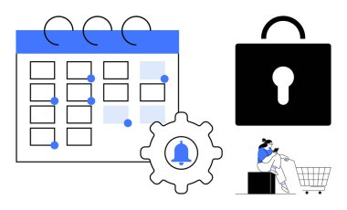 Hatırlatmalı takvim, güvenlik kilidi, çanlı teçhizat, alışveriş arabalı kutuda oturan biri. Zamanlama, alarm, dijital güvenlik, e-ticaret, müşteri desteği için ideal