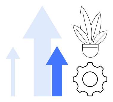 Farklı boyutlarda ve renklerde yükselen oklar, bir dişli simgesi ve bir bitki simgesi. Büyüme, ilerleme, yenilik, üretkenlik, strateji geliştirme ve sürdürülebilirlik konuları için idealdir. Soyut çizgi