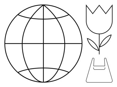 Dünya küresi küresel perspektifi temsil ediyor, lale doğayı simgeliyor ve alışveriş torbası da tüketimi simgeliyor. Sürdürülebilirlik, çevre, doğa koruma, eko-dostluk, küresel birlik için ideal