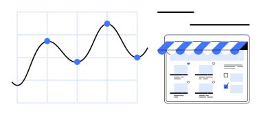 Üzerinde mavi veri olan dalgalı bir çizgi grafiği çizgili tenteli dijital bir mağazanın hemen yanında. Ecommerce, veri analizi, çevrimiçi iş, pazar eğilimleri, satış optimizasyonu, dijital pazarlama için ideal