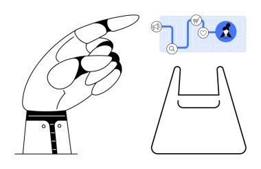 Dijital alışveriş simgelerini işaret eden el işaretleri, boş bir alışveriş çantasına giden bir yol ile bağlantılı. E-ticaret, çevrimiçi alışveriş, dijital pazarlama, kullanıcı etkileşimi, İnternet perakendecisi için ideal