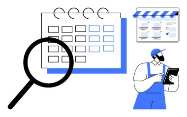 Ekranı gösteren tabletli bir işçi, takvimin üzerinde büyüteç, çizgili tenteli olan bir mağaza. Ticari yönetim, planlama, organizasyon, perakende işlemler ve verimlilik için ideal