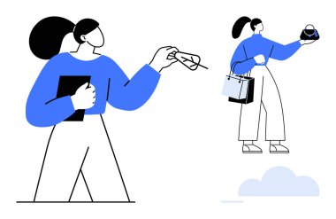 Alışveriş faaliyetlerine katılan, çeşitli paket ve eşyalar taşıyan mavi üniformalı karakterler. E-ticaret, perakende satış, tüketici davranışı, alışveriş alışkanlıkları, çevrimiçi pazar, satış için ideal