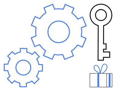 Birbirine kenetlenmiş iki mavi vites, siyah çizgili bir anahtar ve mavi bir hediye kutusu. Takım çalışması, problem çözme, çözümler, işbirliği, verimlilik yeniliği için ideal. Satır metaforu