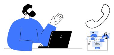 Dizüstü bilgisayarda çalışan, el sallayan, iletişim seçenekleri olan bir adam telefon açıp online sohbet yapıyor. Müşteri desteği, teknik destek, müşteri hizmetleri, çevrimiçi yardım, iletişim, telekomünikasyon için ideal
