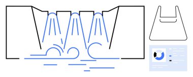Basitleştirilmiş bir şelale şeması ve veri analizi panelinin yanında iki paralel akan şelale. İş süreçleri, veri yönetimi, iş akışı optimizasyonu ve doğal kaynaklar için ideal