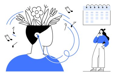 Kulaklıkla müzik dinleyen biri, kafasından çiçek açan bir insan, etraftaki notalar, kadın düşüncesi, takvim. Yaratıcılık, zihinsel sağlık, rahatlama, kişisel büyüme planlama için ideal