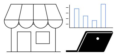 Satış verilerinin çizelgesini gösteren bir dizüstü bilgisayarın yanında tente olan bir dükkan binası. Ticari büyüme, küçük işletme yönetimi, dijital dönüşüm, veri analizleri, çevrimiçi perakende satış için ideal
