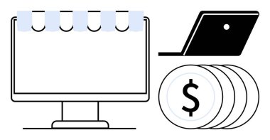 Tenteli, dizüstü bilgisayarı, bozuk paraları olan bilgisayar ekranı. Çevrimiçi alışveriş, e-ticaret, dijital pazarlama, internet işi, finansal işlemler için ideal bir teknoloji mağazası. Soyut çizgi düz metafor